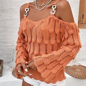 Orange Casual Women Open Shoulder Sweater with Linked Sleeves